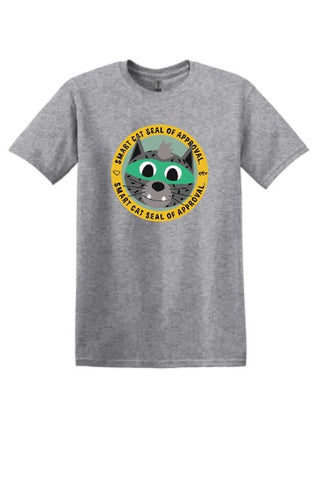 Youth Gray short sleeve shirt with Smart Cat logo on front in full color